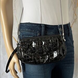 Brighton Mi Amore croc small crossbody bag in black patent leather with rosette